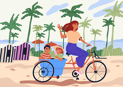 Happy family on a cycling ride art cartoon character design digital art drawing flat illustration flat style graphic design happy characters illustration