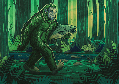 Sasquatch Approved ape big foot bigfoot cryptid fish forest halloween illustration landscape monster pacific northwest packaging pnw retro salmon sasquatch spooky trees woods yeti