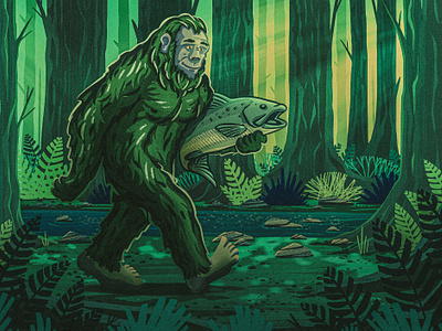 Sasquatch Approved ape big foot bigfoot cryptid fish forest halloween illustration landscape monster pacific northwest packaging pnw retro salmon sasquatch spooky trees woods yeti