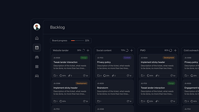 Kanban dashboard dark mode bold branding dashboard design kanban minimal product saas typography ui website