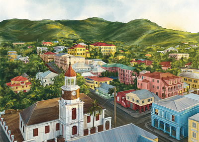 Sunny cityscape architecture art building city editorial illustration mountains procreate town visualization