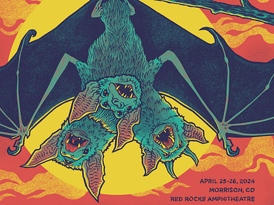 Sessanta - Red Rocks VIP Poster a perfect circle band bat concert digital drawing gig poster illustration monster music poster primus puscifer sessanta show poster three headed