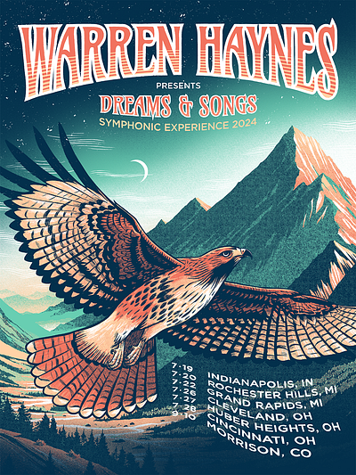 Warren Haynes - Midwest Tour Poster band design digital drawing flying gig poster hawk illustration midwest moon mountain music musician nature poster show poster tour warren haynes