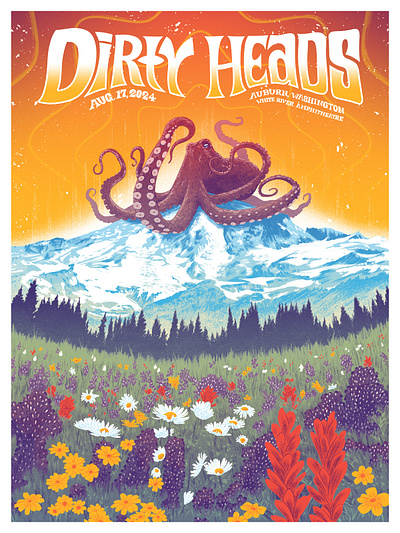 Dirty Heads - Auburn, WA Poster concert design digital drawing gig poster hand lettering illustration mount rainier mountain mt rainier music national park nature octopus poster show poster washington wildflowers