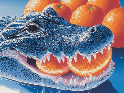 FRESH SQUEEZE 2 DEATH 80s ai airbrush alligator design florida generative graphic design james lano midjourney oranges retro