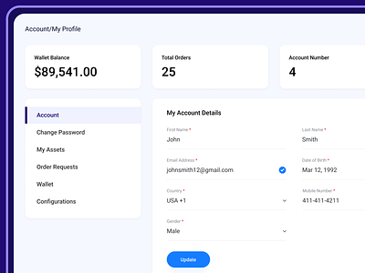 Real Estate CRM - My Account account management configurations crm dark theme design launching management my account my assets order requests orders portal profile property real estate rent settings ui ux wallet balance