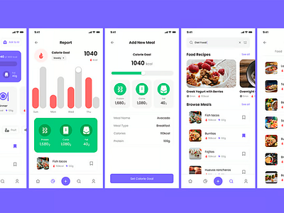 Calorie Goal Counter, Nutrition & Food Recipes App with 5 Screen application graphic design screen ui ux webdesign