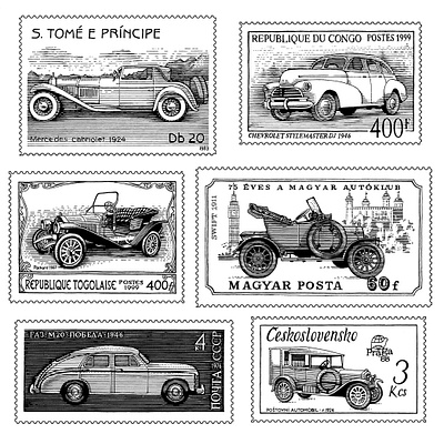 Stamps black and white cars engraving illustration scratchboard woodcut