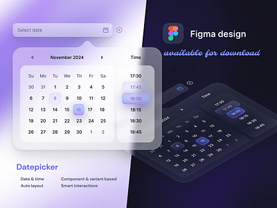 Interactive Datepicker in Light & Dark Mode (Glassmorphic) ai calendar cards dark mode date datepicker figma free asset glassmorphism glow indigo input field light mode list purple rounded edges template time translucent ui