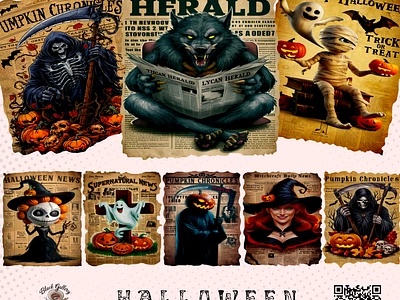 Vintage Halloween Newspaper Sublimation PNG Bundle digital