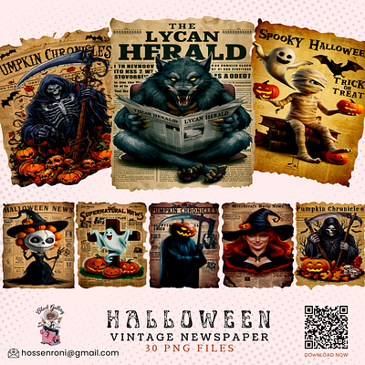 Vintage Halloween Newspaper Sublimation PNG Bundle digital