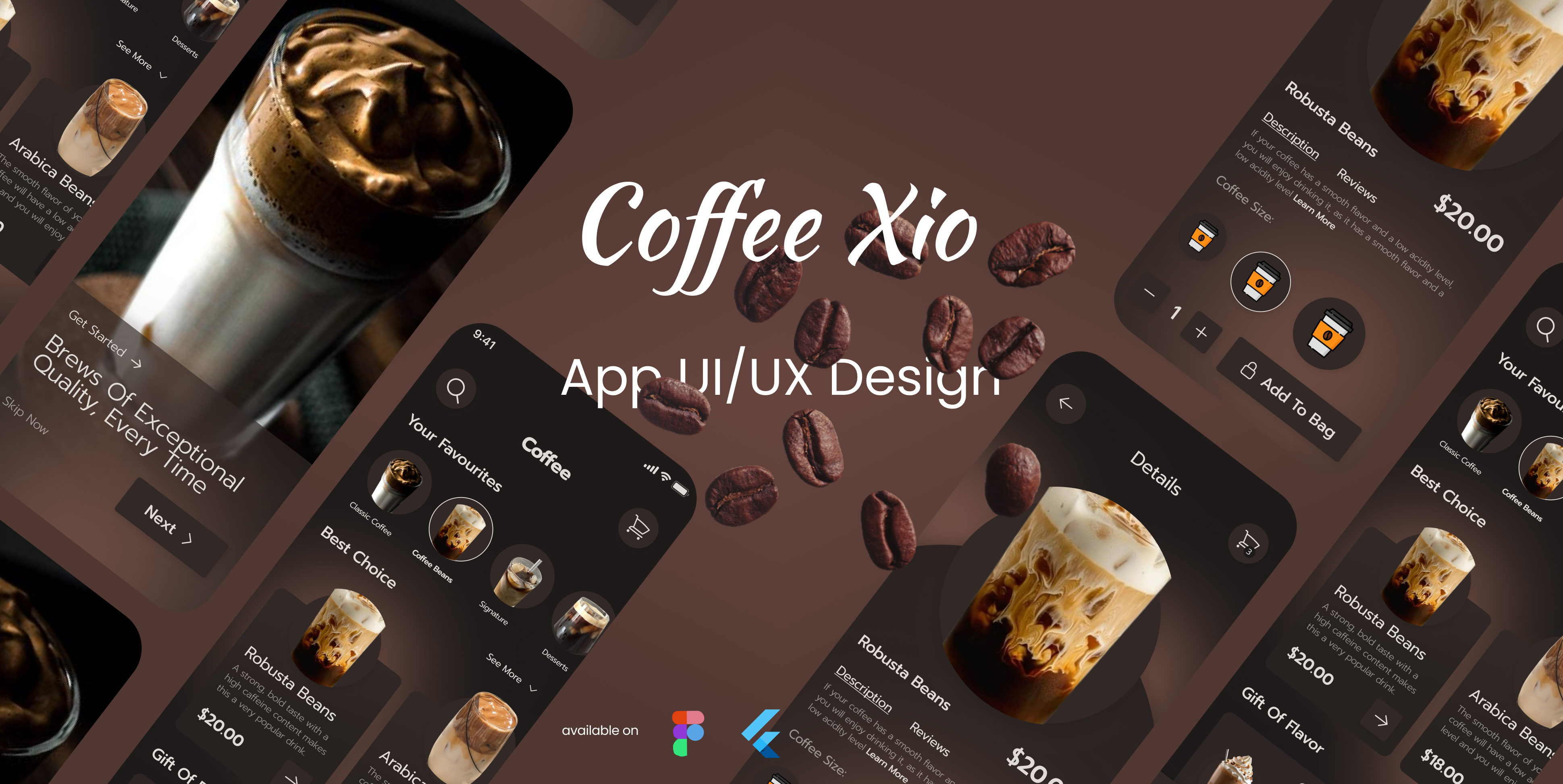 Coffee Shop Mobile Application UI Design application brown chocolate coffee mibile app coffee shop dark theme food and drink food app order app restaurant splash screen ui ui design user interface design
