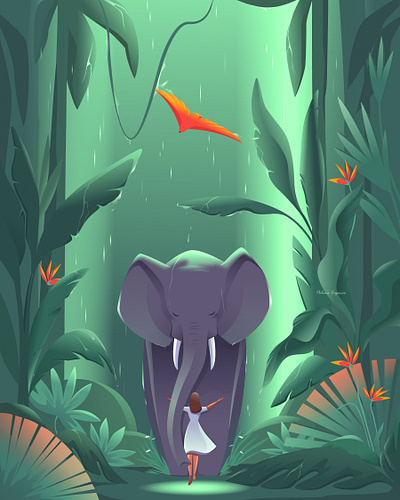 Ecosystem 2dillustration adobeillustrator animals artwork bird elephant flatillustration green illustration illustrator jungle nature rain savenature tropics vectorart vectorillustration woman