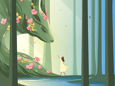 Reconnect 2dillustration adobeillustrator artwork flatillustration flowers forest green guardian of the forest harmony illustration illustrator lake nature vectorart vectorillustration woman