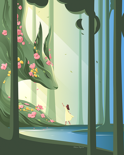 Reconnect 2dillustration adobeillustrator artwork flatillustration flowers forest green guardian of the forest harmony illustration illustrator lake nature vectorart vectorillustration woman