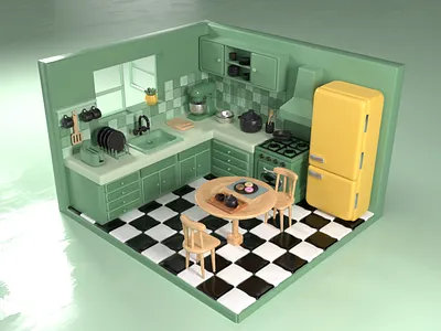 Kitchen 3D illustration 3d blender cinema 4d green illustration isometric ketchen render scene