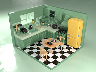 Kitchen 3D illustration 3d blender cinema 4d green illustration isometric ketchen render scene