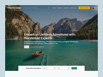 Wanderlust Explorer - Travel Website Design adventure branding homepage landing page product design travelling ui uiux user interface ux design uxui web design website