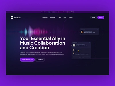 Aliada | Music Collaboration Tool clean dark hero minimal minimalist mixing modern music platform soundwave ui ux wave website