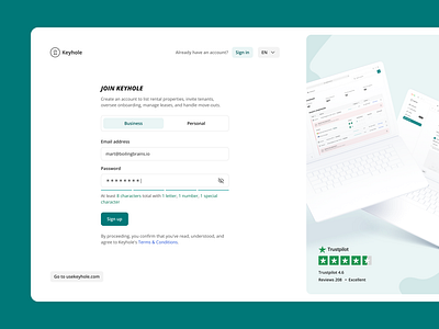 Auth page app call to action onboarding password sign in sign up trustpilot ui ux