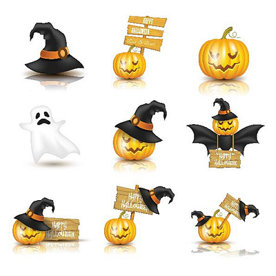 Collection of Halloween elements in realistic style design ghost graphic design halloween halloween day halloween hat halloween icons icons illustration pumkin realistic style vector