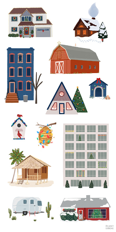 12 Homes for the Holidays christmas editorial festive graphic design holiday houses illustration seasonal