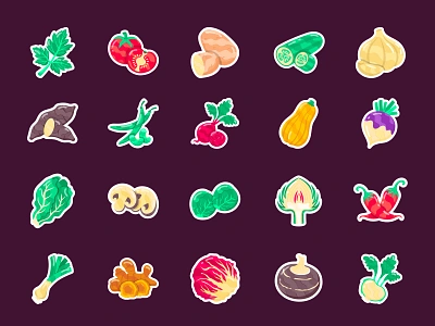 Vegetable Stickers carrot colorful cucumber flat food food branding food sticker ginger grocery healthy diet healthy eating mushroom organic pepper stickers tomato vector vegetable sticker vegetarian veggie