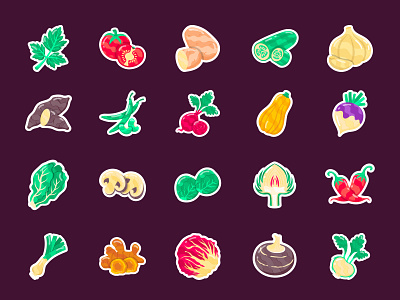 Vegetable Stickers carrot colorful cucumber flat food food branding food sticker ginger grocery healthy diet healthy eating mushroom organic pepper stickers tomato vector vegetable sticker vegetarian veggie