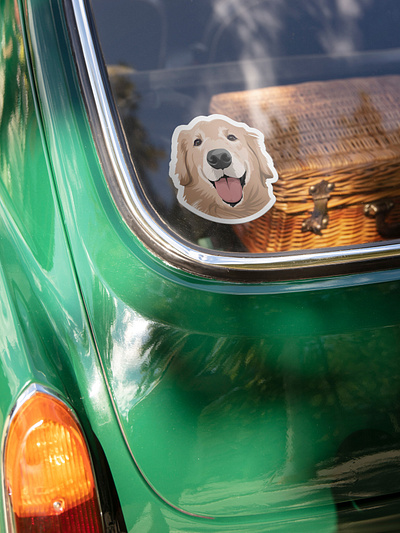 He always looks through the car's rear window dog golden retriever illustration sticker vector