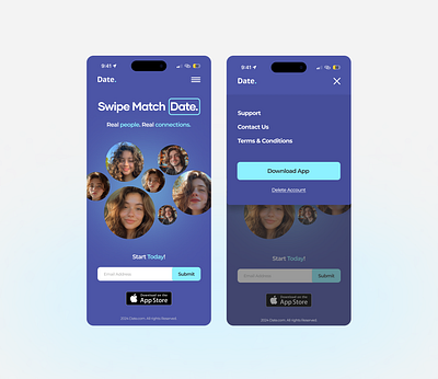 Dating App Landing Page app appledesign branding datingapp design designer landingpage mobiledesign ui uiux ux