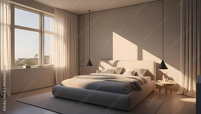 a minimalist bedroom with clean lines and simple furnishings 3d ai architecture background bedroom clean decoration design elegant home house illustration lamp luxury minimalist render room soft sunlight window