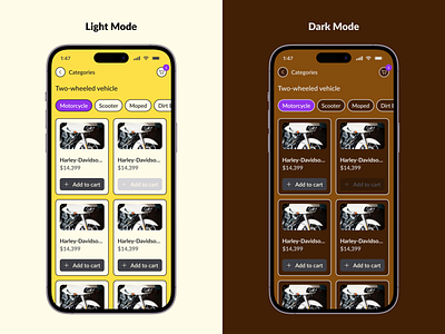 Daily UI Challenge #15 card dark mode light mode product product card purple website