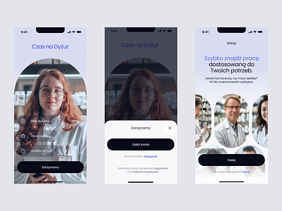 Czas na Dyżur — Welcome & Onboarding app design drawer getting started health healthcare log in mobile onboarding pharmacy product design sign in sign up ui ux welcome