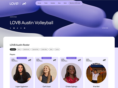 LOVB — Team Page animated athlete background card design desktop filters hero list menu player product design roster social ui ux video web website