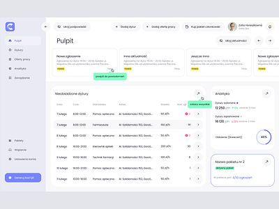 Czas na Dyżur — Dashboard app dashboard data design desktop duties list health healthcare news notifications pharmacy product design profile side menu table tile tooltip ui ux web