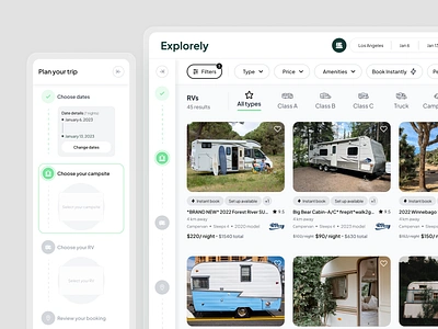 Explorely. Campervans Catalog. Order progress bar. booking camp campervan camping catalog design filter menu order product design progress bar renting rv sidebar sorting tabs trip ui ux van