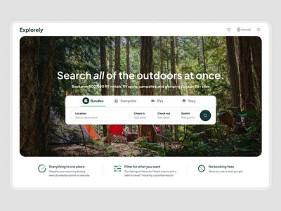 Explorely. Home page. Search on the site. Plan your trip. campervan camping check in out guests hero section home page landing page location main page nav bar navigation product design search search bar site design travel trip ui ux web design