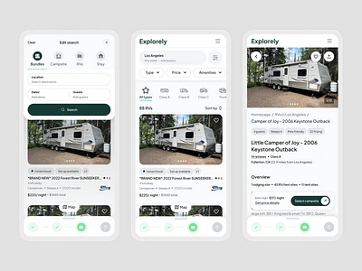 Explorely. Rent an RV. Catalog with campervans. Mobile adaptive book campervan catalog check in out design filter map mobile order product design product page progres bar search site sorting tabs trip ui ux webdesign