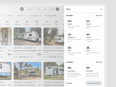 Explorely. Filter for RV type. Plan your trip campervan catalog design filter lightbox pop up product design sidebar site sorting travel trip truck ui userexperience userinterface ux van webdesign website