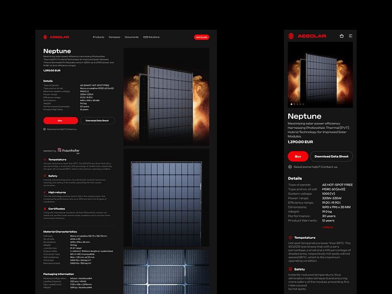 AE Solar Panels product page. Dark website ae solar black ui black website branding dark dark product page dark ui dark website ecommerce energy industry germany manufacturer landing page mobile product page product page products shop solar store ui web