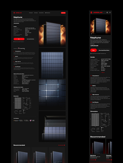 AE Solar Panels product page. Dark website ae solar black ui black website branding dark dark product page dark ui dark website ecommerce energy industry germany manufacturer landing page mobile product page product page products shop solar store ui web