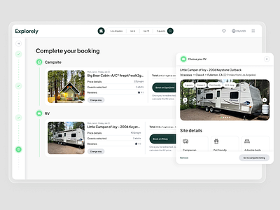 Explorely. Plan your trip. Complete your booking page. bag booking camp campervan campsite checkout design listing nav bar navigation order product design progress bar rv sidebar site design ui ux van webdesign