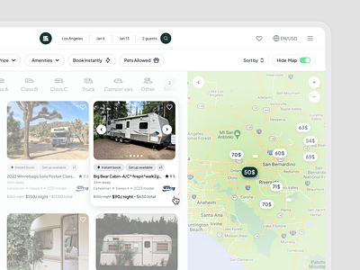 Explorely. Map design. Find campervan on the map. book camp cards catalog design filter map navigation product design rent rv sorting travel trip truck ui ux van webdesign website