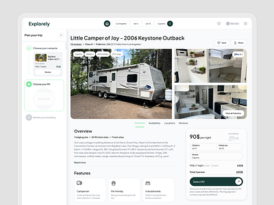 Explorely. Listing page booking camp design features form listing page nav overview product design product page progress bar renting rv sidebar site design ui ux van webdesign website