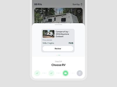 Progress bar. Choose RV. Order steps. Book a campervan app design application booking campervan design minimalism mobile order order details product design progress bar renting rv site steps ui ux van webdesign website