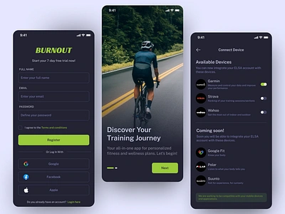 Burnout Fitness App - UI Design app branding cycle riding cycling design figma figma design fitness app fitness mobile app mobile app ui ui branding ui design uiux ux ux design wellness app