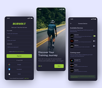 Burnout Fitness App - UI Design app branding cycle riding cycling design figma figma design fitness app fitness mobile app mobile app ui ui branding ui design uiux ux ux design wellness app