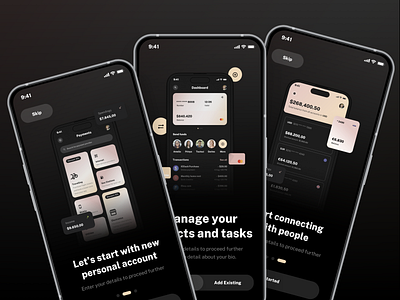 Onboarding screen design for Mobile app app create account crypto app dark mode dark theme dark ui finance app fintech app login mobile app mobile app template register sign in sign up splash screen ui ui kit ux welcome screen