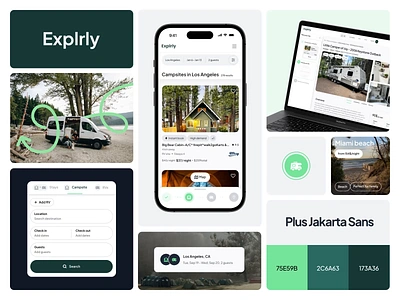 Explorely. Visual Style. Booking campsite and campervan amination branding camping campsite colors design interaction logo mobile product design travel trip typography ui userinterface ux visual identity website