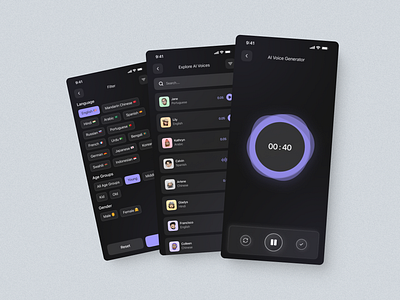 Sonic AI - AI Voice Generator App UI Kit ai app ai generator ai voice generator app ui dark ui figma ui kit filter options filters minimal ui music app recorder ui voice ai voice changer voice generator